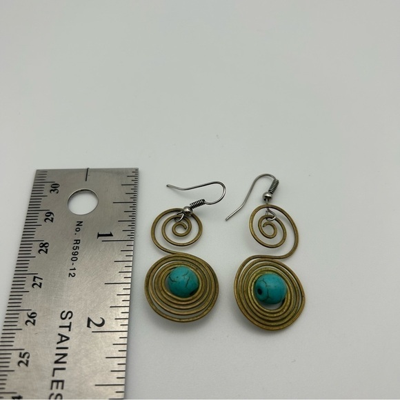 Large Gold Tone Swirl Faux Turquoise Blue Bead Dangle Earrings Music Note - Picture 4 of 7